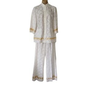 Vtg White Floral Lace PJ Lounge Swim Cover Set Gold Yellow Trim M/L